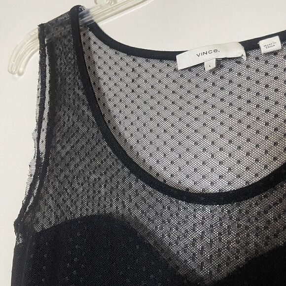 VINCE. black dotted lace overlay mini swing dress size Large Nwot - Picture 2 of 4